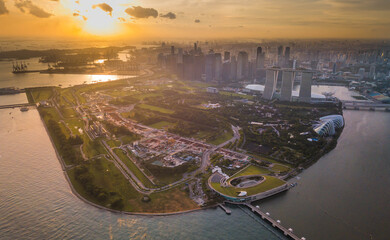 SINGAPORE - NOV 30: Bird's Eye View of Singapore island with twilight sky and sunset on  November 30, 2017 in Singapore
