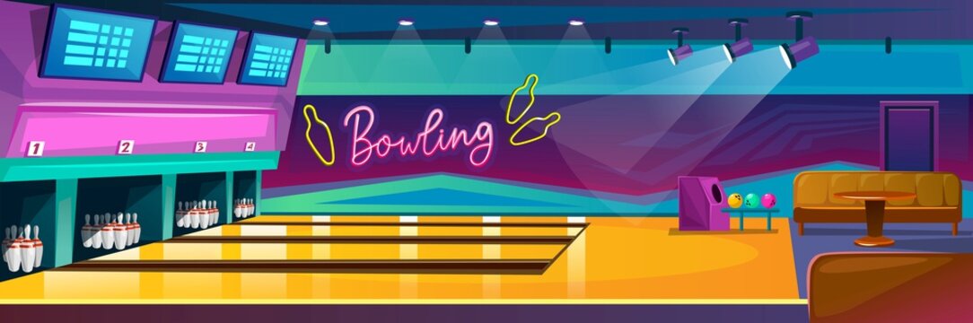 Empty bowling center with luxury design side view. Bowling alleys, pins and balls. Empty tables and seats. Cartoon design for bowling competition.