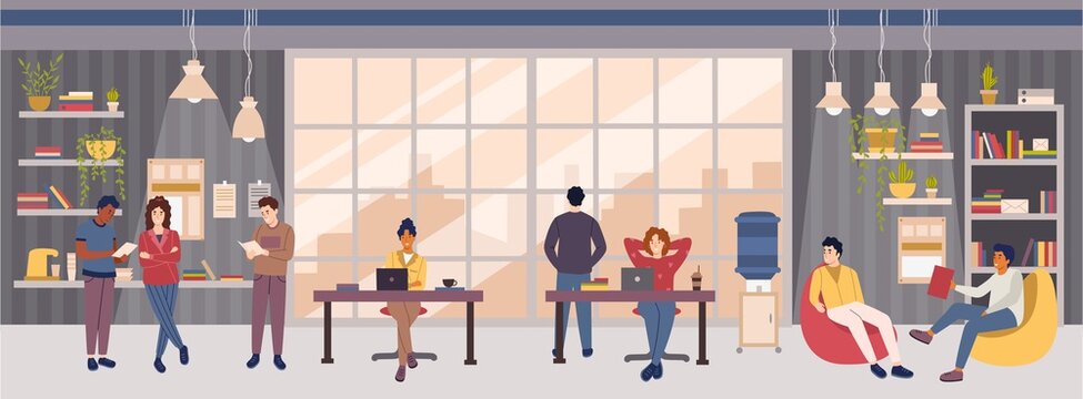 Open space office or co-working center interior design concept with people.Multicultural group of employees or freelancers working at their workplaces, conduct meeting and relaxing vector illustration