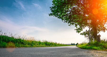Asphalt road panorama in countryside on sunny summer day