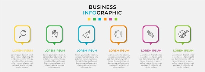 Business Infographic design template Vector with icons and 6 six options or steps. Can be used for process diagram, presentations, workflow layout, banner, flow chart, info graph