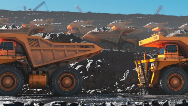 Yellow dump trucks going one by one in rows. Quarry in the background.Render 4K