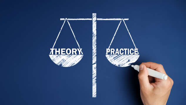 Theory Practice Concept. a man draws scales with the words theory and practice on bowls