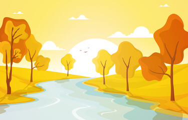Obraz na płótnie Canvas Autumn Fall Season Tree Golden Yellow River Panoramic Landscape