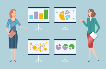 Woman giving presentation on whiteboard vector, lady wearing formal clothes showing boards with diagrams and infographics colored in green and blue