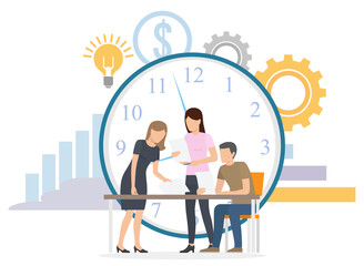 Man and woman teamwork cooperation, employees researching in deadline. Colleagues consulting on workplace, professional development, company vector