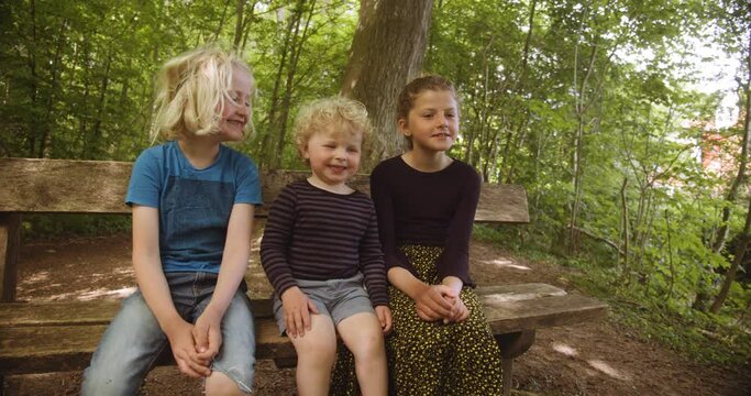 Cute Siblings Enjoying Outdoor Time by Forest While Sitting on a Wooden Bench