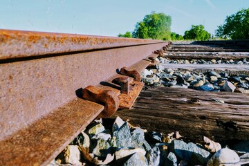 Close up of rusty old railroad tracks