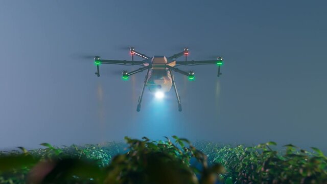 Animation with drone spraying health plant products on a plantation at night.