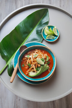 Aztec soup. Top view of mexican fried tortilla soup Sopa Azteca