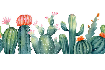 Watercolor seamless border of cactus and succulent with pink flower. Hand painted illustration of houseplant. Repeated horizontal pattern. Greenery frame for home decor.