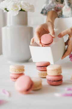 Hand made macarons on a modern light background