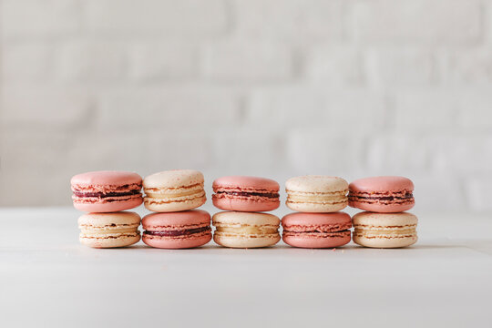 Hand made macarons on a modern light background