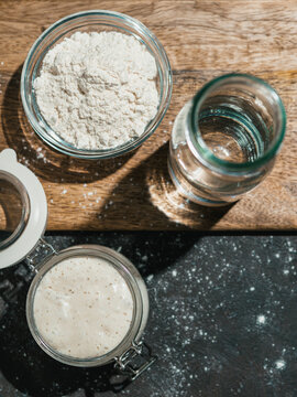 Overhead view of wheat sourdough starter on table