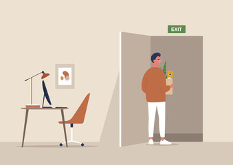 Young male character fired from the office, economic crisis caused by Covid-19 pandemic, unemployment, exit sign
