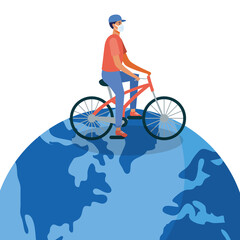 Man with medical mask with bike on world vector design