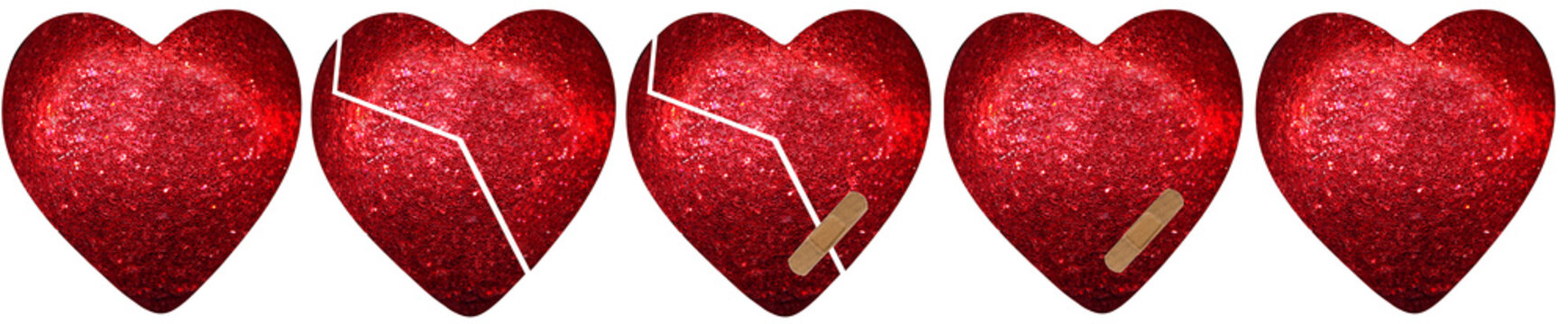 Glittery red heart with a crack but on the mend on a white background