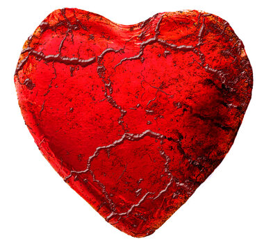 A Distressed Red Heart On White Background With Cracks And Veins