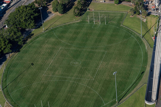 Aerial view of AFL sporting field Australia green