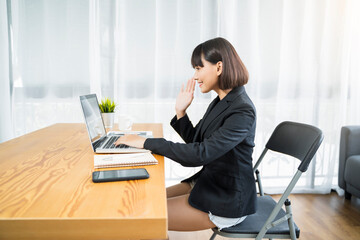 Working at home modern office businesswoman meeting team online video chat conference discussing...