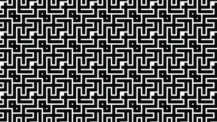 Abstract, black maze pattern, with hidden eight shapes and sharp edges, in 90-degree aesthetics, for seamless usage in fashion, decoration, and marketing materials.