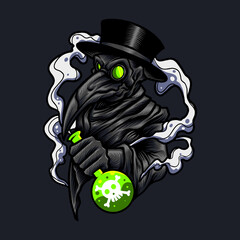 Vector illustration of Medieval Plague Doctor with Hat, Mask, and Poison on the Dark background. Hand-drawn illustration for mascot sport logo badge label sign poster t-shirt printing. Vector Logo