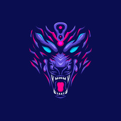 Vector illustration of Angry Bear Pink Purple with a big mouth open and sharp teeth fang on the Purple Background. Hand-drawn illustration for mascot sport logo poster t-shirt printing. Vector Logo