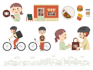 フードデリバリーサービスのイラストレーションのセット