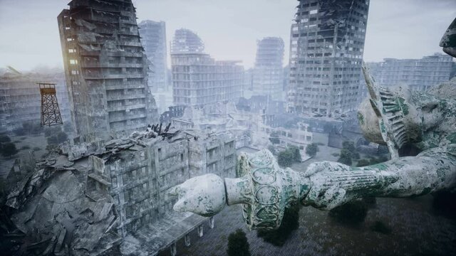 Apocalypse of USA, America. Aerial View of the destroyed city. Apocalypse concept. Super realistic 4k animation.