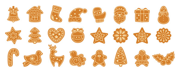 Christmas gingerbread cookie flat cartoon set. Sign New year sweet gingerbread man, bird, holly, house, deer and candy, snowflakes, sock, Christmas tree, bell, star. Isolated vector illustration