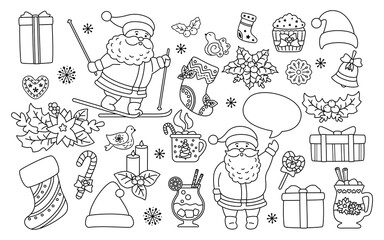 Christmas and New Year line set. Black linear holly, cupcake, bell, cup, hat, santa skiing cookies gift. Flat cartoon design elements. New year and christmas collection. Isolated vector illustration