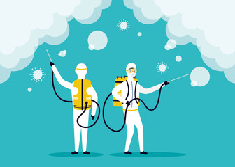 Obraz premium biosafety workers with sprayers disinfect