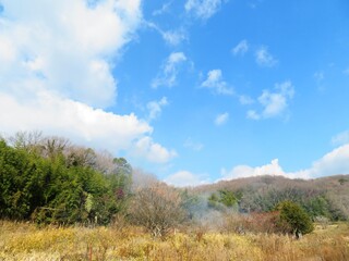 Obraz premium 日本の田舎の風景 2月 早春の畑焼き 山の木々と青空