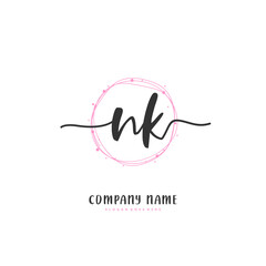 N K NK Initial handwriting and signature logo design with circle. Beautiful design handwritten logo for fashion, team, wedding, luxury logo.