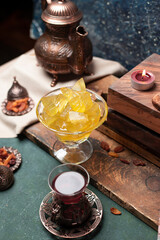 tea and watermelon jam with wooden background