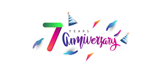 7th anniversary celebration logotype and anniversary calligraphy text colorful design, celebration birthday design on white background.