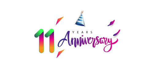 11th anniversary celebration logotype and anniversary calligraphy text colorful design, celebration birthday design on white background.