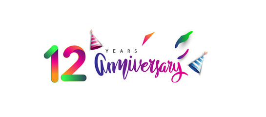 12th anniversary celebration logotype and anniversary calligraphy text colorful design, celebration birthday design on white background.