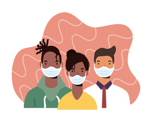 group of diversity people wearing medical masks characters