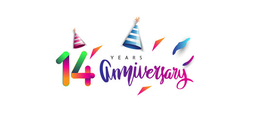 14th anniversary celebration logotype and anniversary calligraphy text colorful design, celebration birthday design on white background.