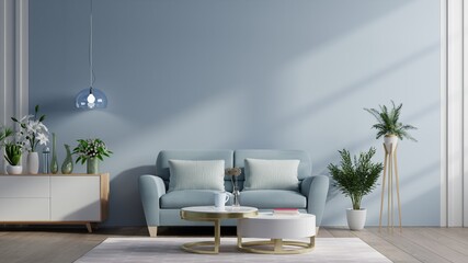 Modern living room interior with sofa and green plants,lamp,table on dark blue wall background.