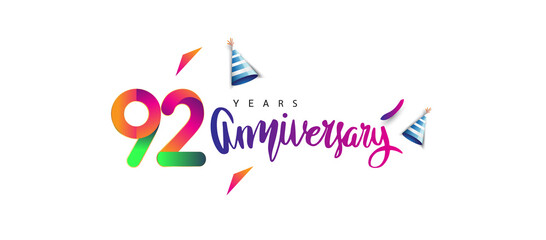 92nd anniversary celebration logotype and anniversary calligraphy text colorful design, celebration birthday design on white background.