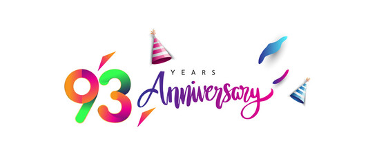 Fototapeta na wymiar 93rd anniversary celebration logotype and anniversary calligraphy text colorful design, celebration birthday design on white background.