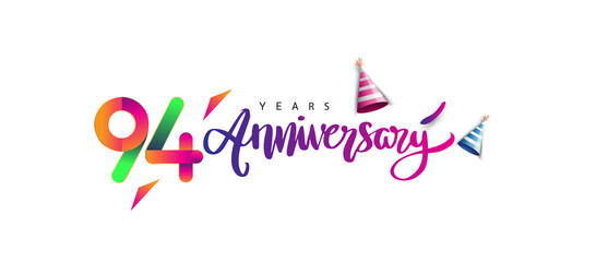 94th anniversary celebration logotype and anniversary calligraphy text colorful design, celebration birthday design on white background.