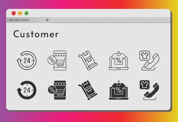 customer icon set. included online shop, 24-hours, phone call, trolley icons on white background. linear, filled styles.