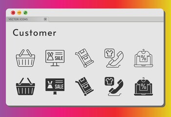 customer icon set. included online shop, phone call, shopping-basket, shopping basket, trolley icons on white background. linear, filled styles.