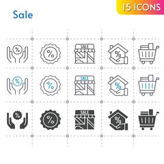 sale icon set. included shop, mortgage, shopping cart, discount icons on white background. linear, bicolor, filled styles.