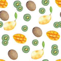 Watercolor seamless pattern Kiwi, Mango. Whole, Half. Tropical fresh illustration Isolated on white background. Hand drawn. Healthy trendy food for vegan. Design for kitchen, textile fabrics, menu.