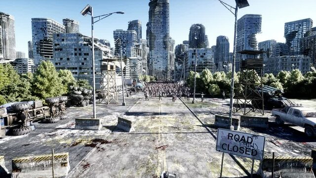 horror zombie crowd walking. Destroyed city. Apocalypse view, concept. Realistic 4K animation. Aerial