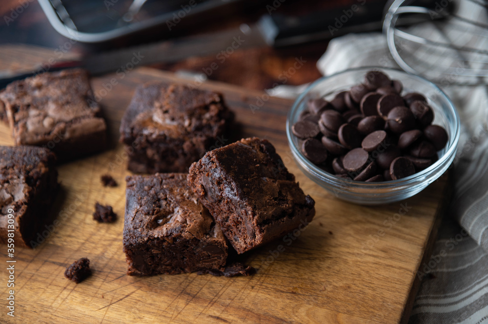 Wall mural chocolate brownies with ingredients and baking tools